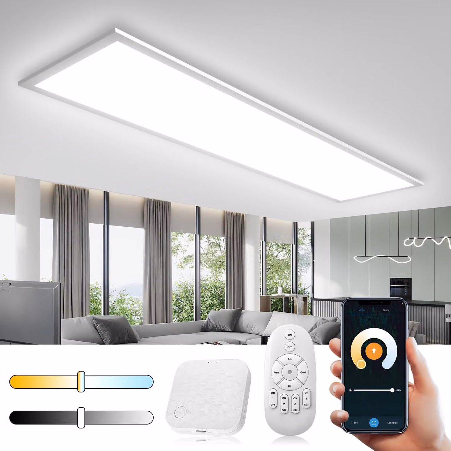 Pannello luminoso a LED, dimmerabile, 100x25 cm, 28 W, con Wi-Fi, controllabile tramite app e telecomando