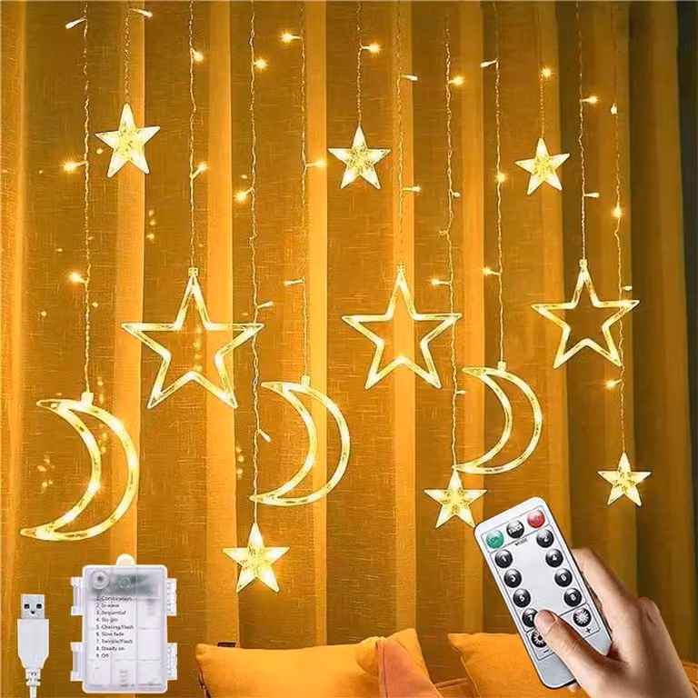 Tende luminose a LED a forma di stelle, luna e cielo stellato, lunghezza 3,5 metri, 8 modalità, con telecomando