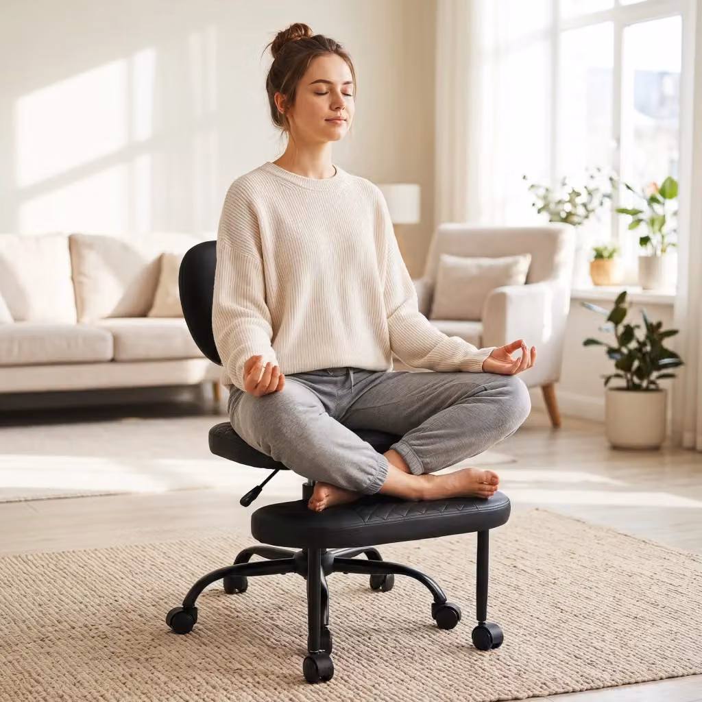 Sedia da meditazione ergonomica girevole a 360 gradi con poggiapiedi e ruote in ecopelle nera per ufficio e studio – 2