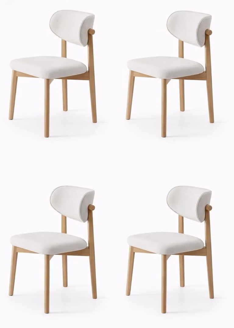 Set di 4 sedie da pranzo moderne, bianche, imbottite, design