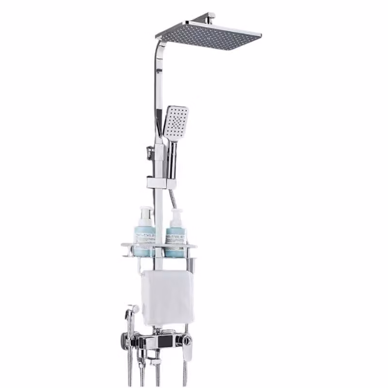 Set rubinetteria doccia termostatica con mensola da bagno, ottone resistente, cromato B, 4DT