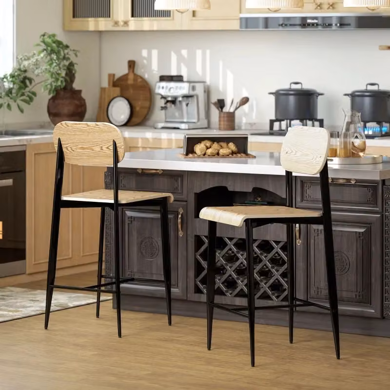 Set di 2 Sgabelli da Bar MINIMAL in Metallo e Legno Naturale, Colore Nero e Marrone, Altezza Seduta: 66 cm – 2