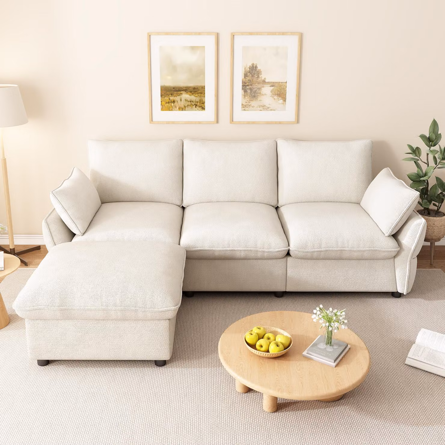 Divano angolare moderno con poggiapiedi, divano a 3 posti, divano a forma di L con pouf, divano in velluto, divano per il soggiorno, divano con cuscini, color beige