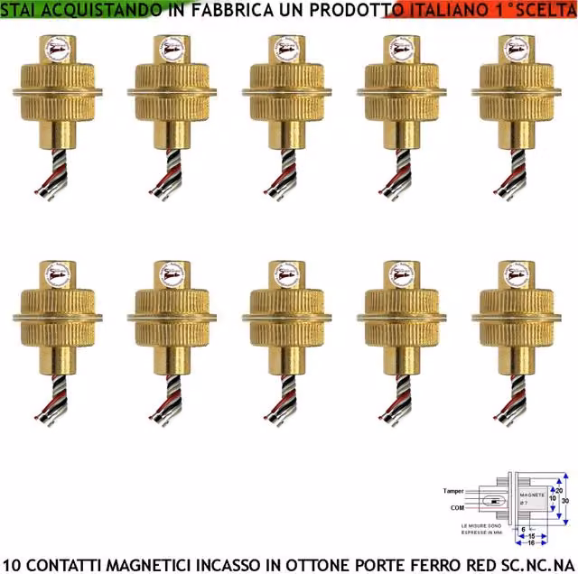 Set di 10 sensori di contatto magnetico Securvera in ottone color oro, allarme a incasso con sensore Reed per cancello o porta, protezione IP65, 5 fili