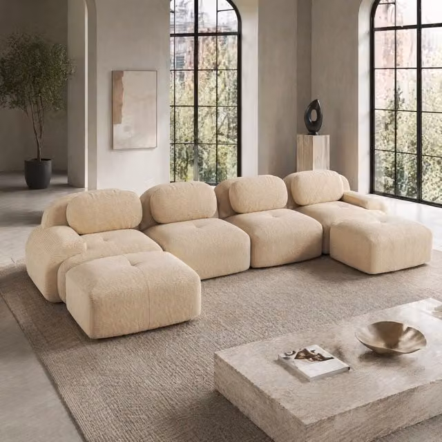 Divano U modulare 388x178x70 cm in corduroy beige, senza montaggio, per salotto –