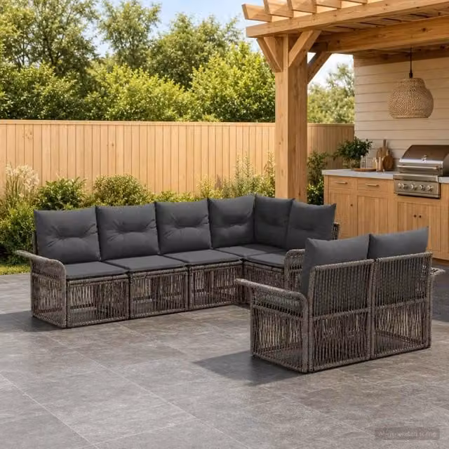 Set Divano da Giardino 7 pz 7-Numero di posti Grigio polyrattan 3434888