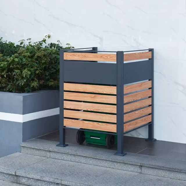 Recinzione Frangivista Uusikaupunki en.casa per Bidoni di Rifiuti, 3 Pannelli a Doghe in Acciaio Zincato, Antracite / Effetto Legno, H: 91 cm, L: 120 cm, P: 75 cm