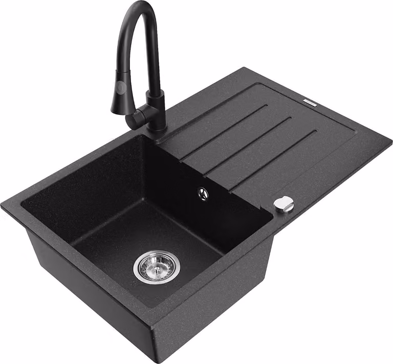 Mexen Bruno lavello in granito a 1 vasca con scolapiatti e rubinetto da cucina Elia, nero/argento metallizzato