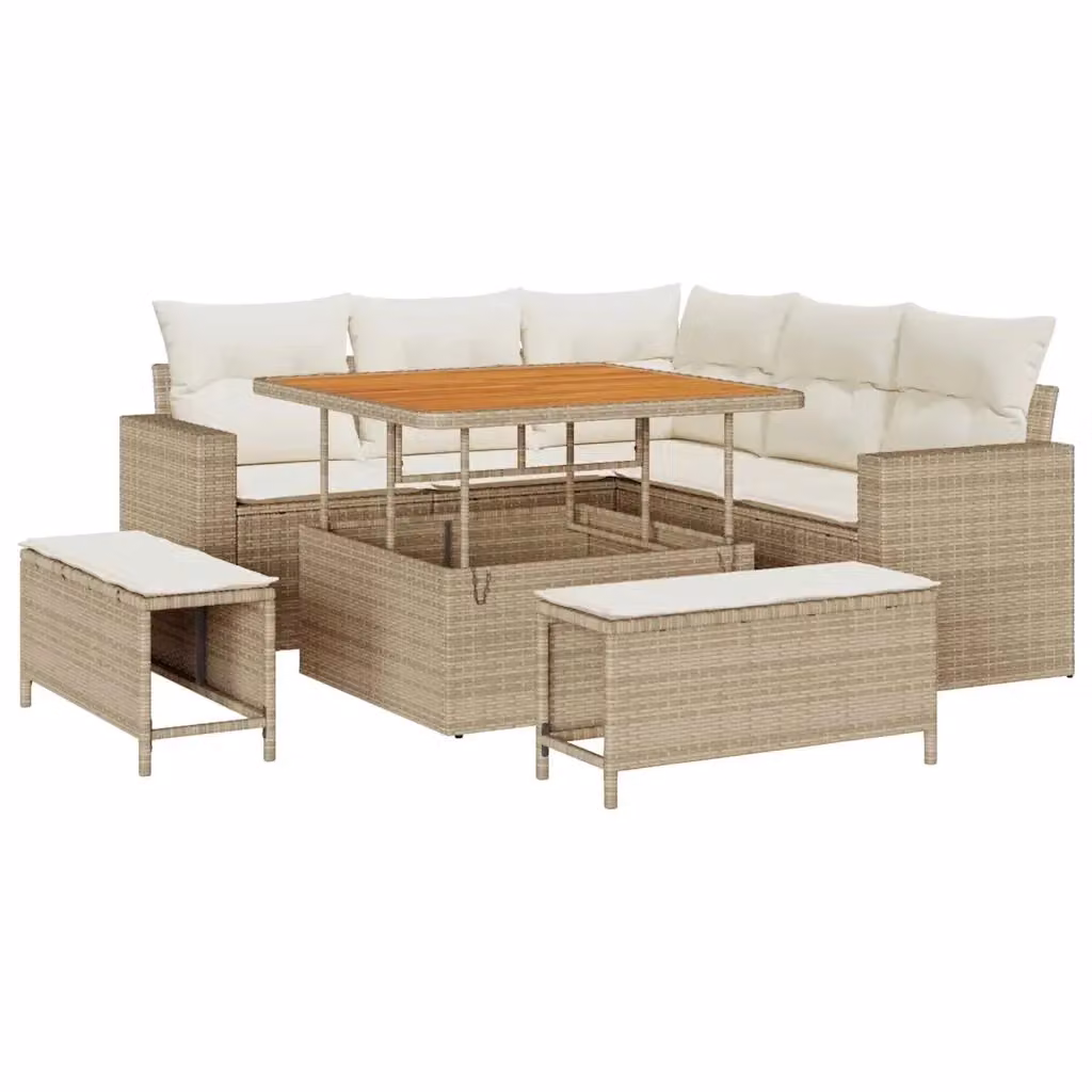 Set Divano da Giardino vidaXL 9 Pezzi a Forma di L con Tavolino e Pouf Beige e Bianco – 2