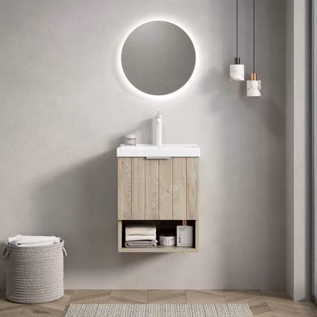Mobile lavabo da bagno 42 cm con lavandino in ceramica bianco rettangolare, mobile a strisce con doppie ante e ripiano aperto, colore legno di quercia crema