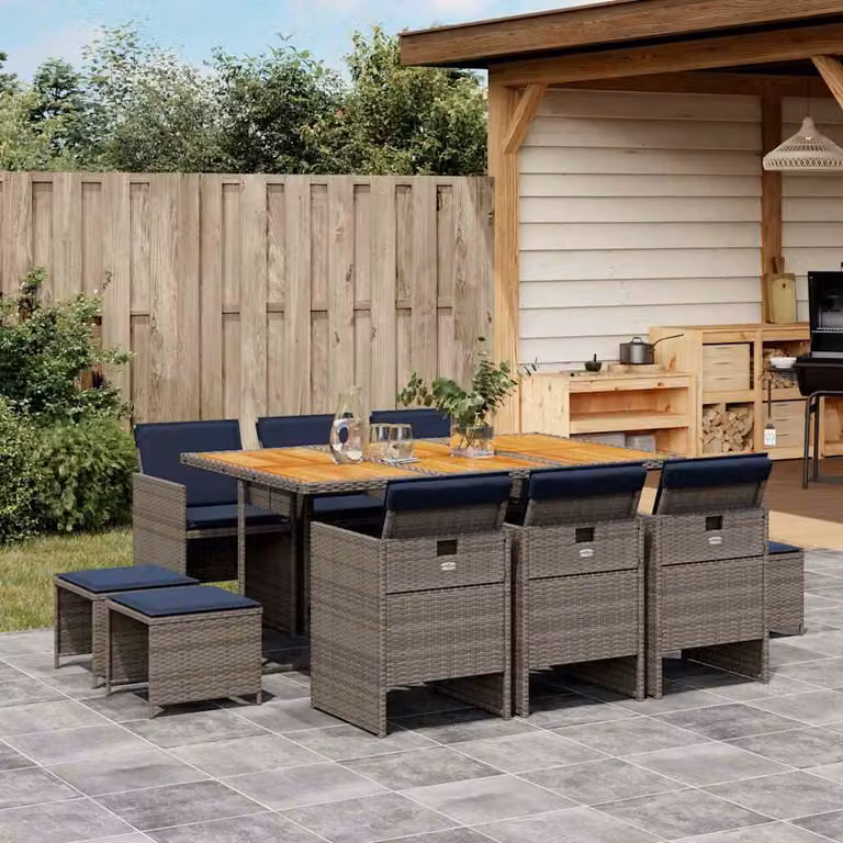 Set da pranzo da giardino vidaXL in polyrattan e legno di acacia con 11 pezzi e cuscini grigi