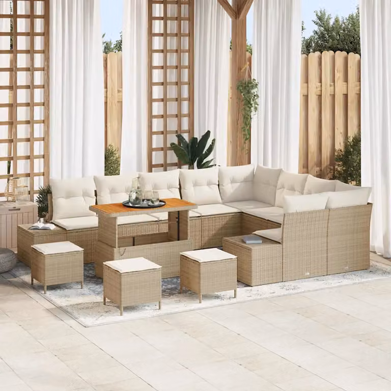 Set Divano da Giardino vidaXL 13 Pezzi Beige con Cuscini e Tavolino in Polyrattan e Acciaio
