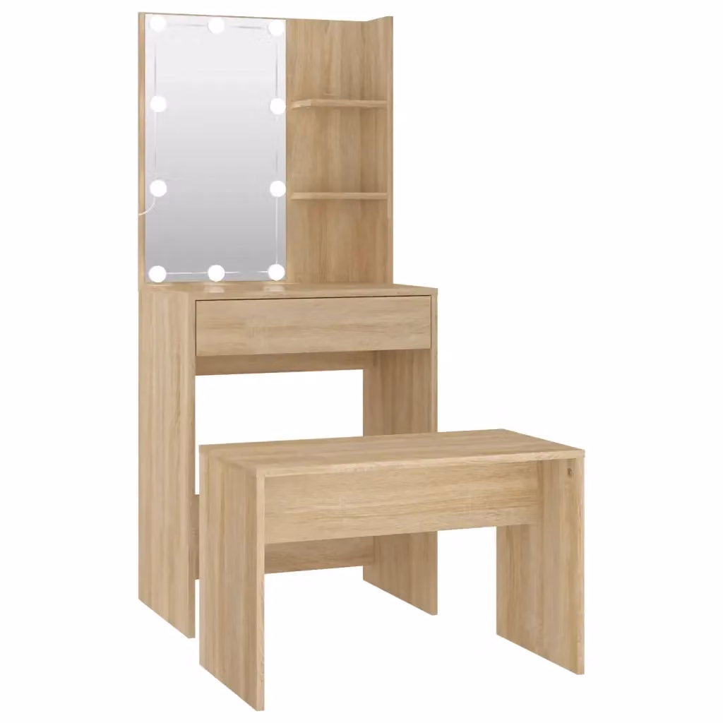 Set Tavolo da Toeletta con LED vidaXL in Legno Rovere Marrone L: 140 cm, P: 40 cm, H: 60 cm – 2