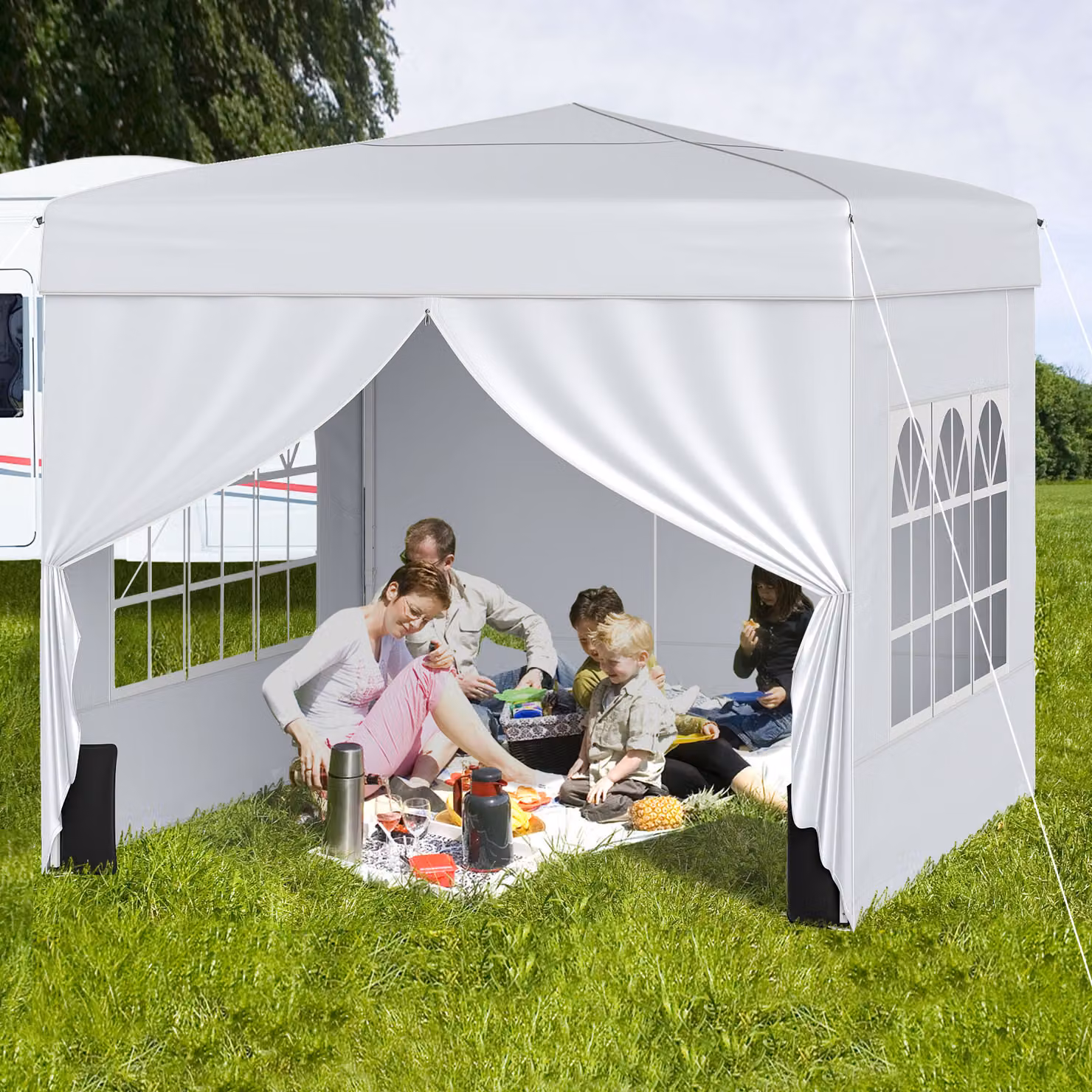 Gazebo da giardino pieghevole impermeabile con 4 pannelli laterali e altezza regolabile Costway Bianco