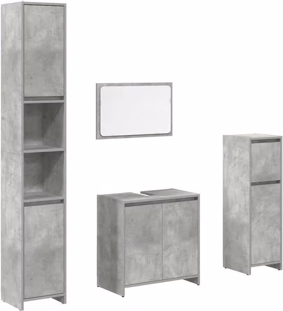 Set Mobili da Bagno Moderno Grigio con Mobile Lavabo, Armadietto Specchio e Colonna in Legno e Vetro