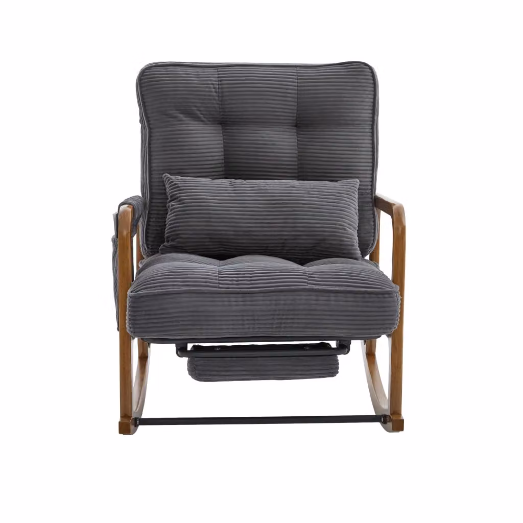 Poltrona Dondolo Minimal con Poggiapiedi in Tessuto di Velluto a Costine Grigio, Ergonomica con Schienale Regolabile, Cuscino Lombare e Tasche Laterali – 2