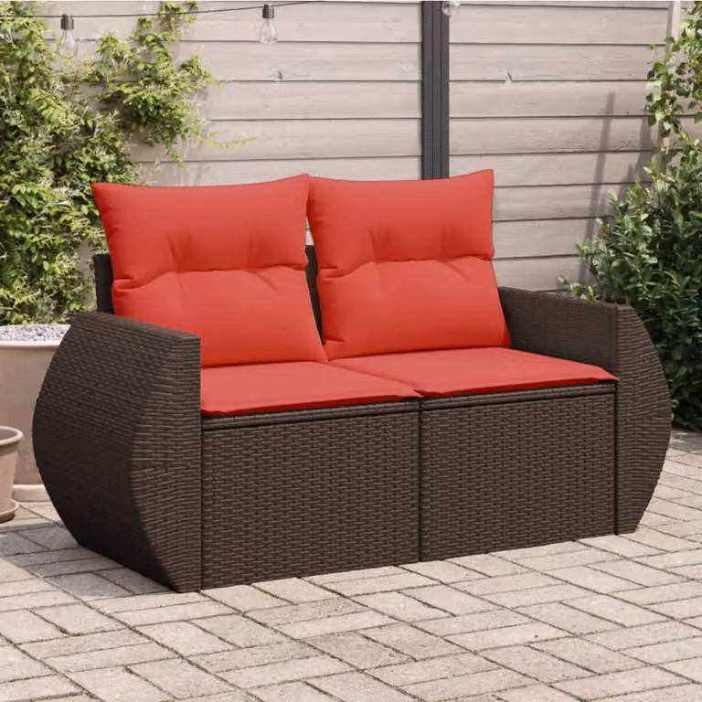 vidaXL Divano da giardino a 2 posti in polyrattan marrone con cuscini imbottiti e coperture rimovibili L: 142 cm, P: 69 cm, H: 62 cm