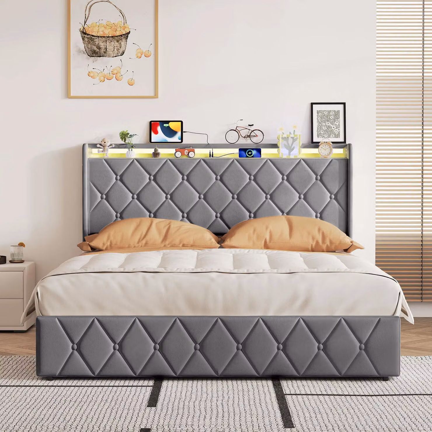 Letto imbottito - Letto matrimoniale - 160 x 200 cm - Contenitore sotto il letto con sistema idraulico - Retino - Testiera - Tessuto velluto - Grigio