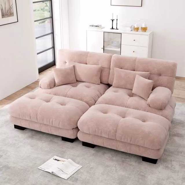 Divano modulare in chenille con cuscini lombari, pouf mobili e braccioli imbottiti per soggiorno rosa