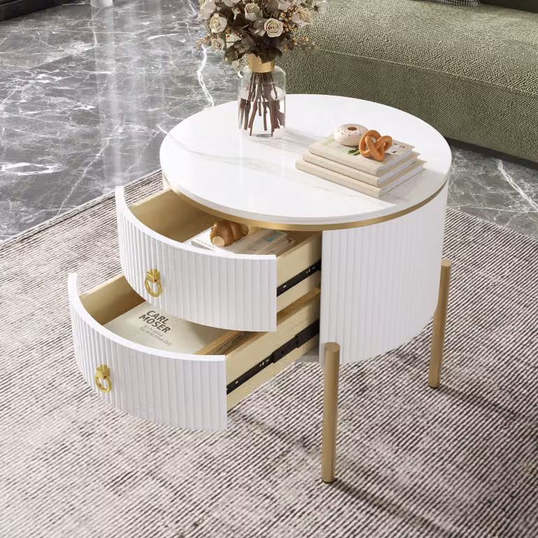 Tavolino Merax con cassetti e gambe in metallo dorato, tavolino effetto marmo, tavolino da salotto, 50x50x51cm, bianco