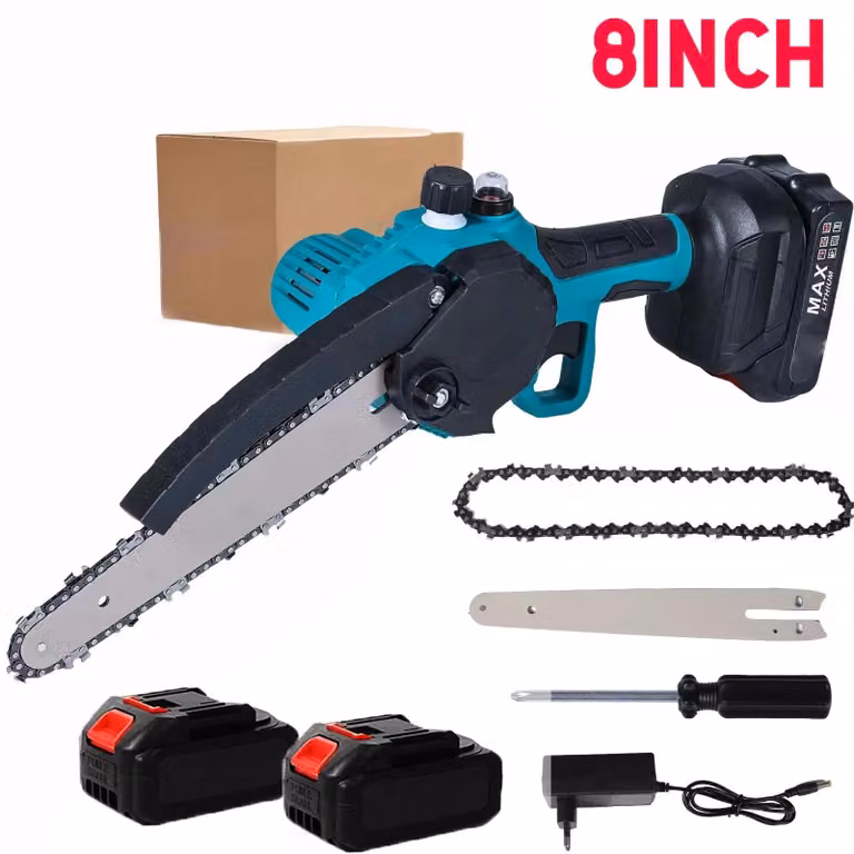 Troncatrice a batteria compatta - Seghetto elettrico senza fili - Lame da 20 cm - Lubrificazione automatica della catena - 2 batterie - Ideale per lavori di giardinaggio e lavorazione del legno