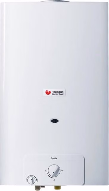 Scaldabagno a gas Opalia C Low Nox da 11 litri con camera aperta, bianco, accensione a batteria e controllo meccanico