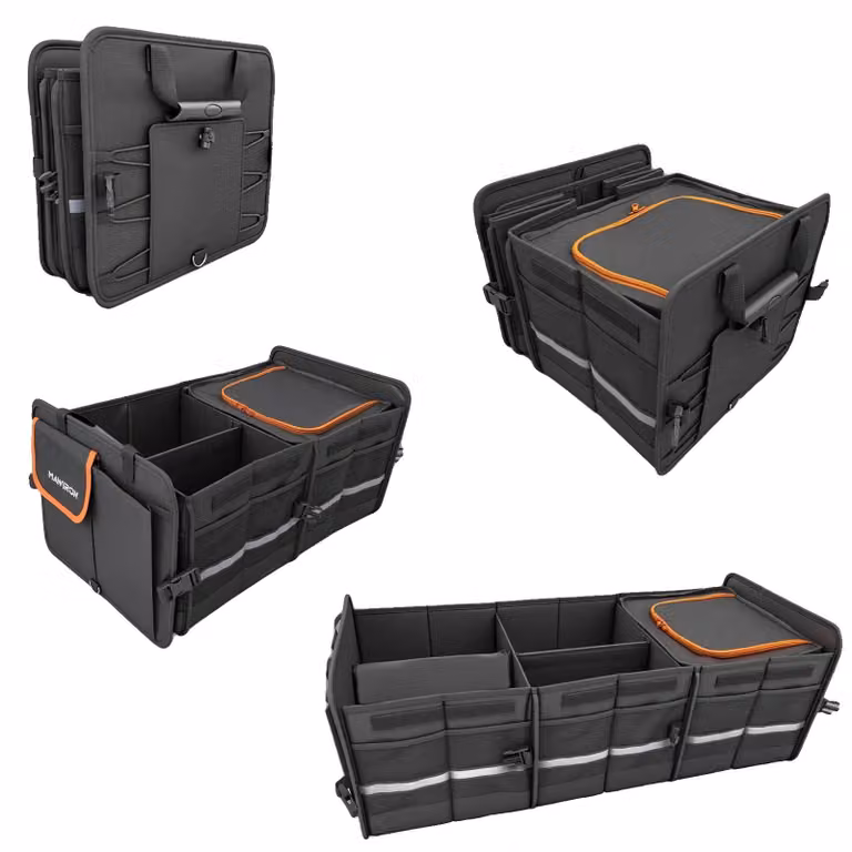 Contenitore portaoggetti per il bagagliaio, realizzato in poliestere, dimensioni 65 x 30 x 25 cm, capacità fino a 23 kg, tessuto impermeabile, divisorio removibile