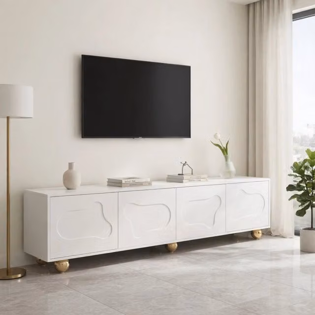 Cassettiera per TV KOMHTOM in stile scandinavo, colore bianco opaco, L: 180 cm, P: 40 cm, H: 45 cm