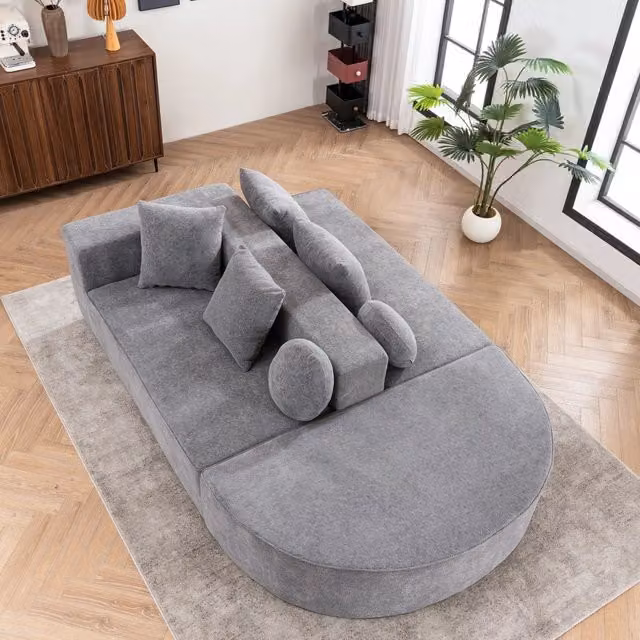 Divano letto modulare Mivray in tessuto grigio con struttura in schiuma e 6 cuscini inclusi