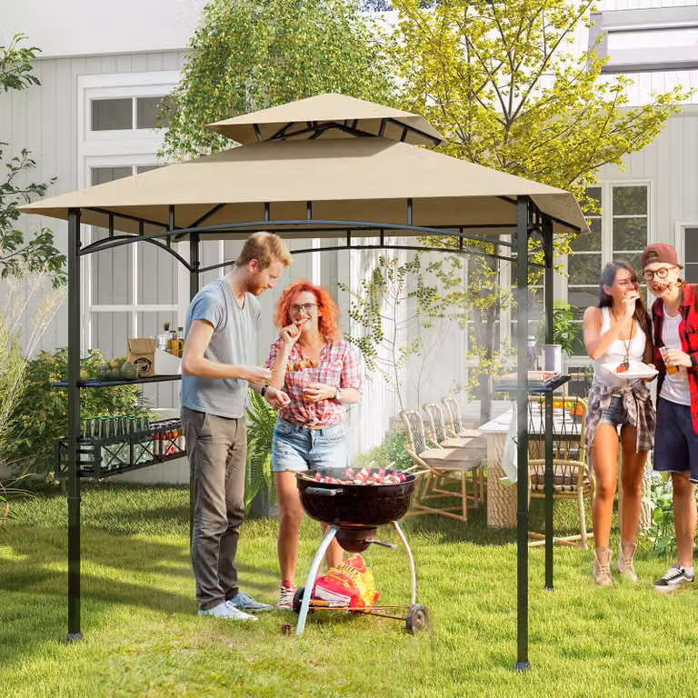 Gazebo barbecue Costway con 2 ripiani laterali, cestino e ganci appendiutensili, tendone da esterno beige L: 242 cm, P: 153 cm