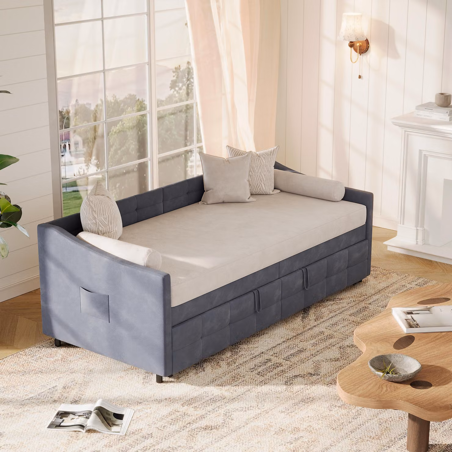Divano letto matrimoniale allungabile 90/180 x 200 cm, rete a doghe, velluto, grigio