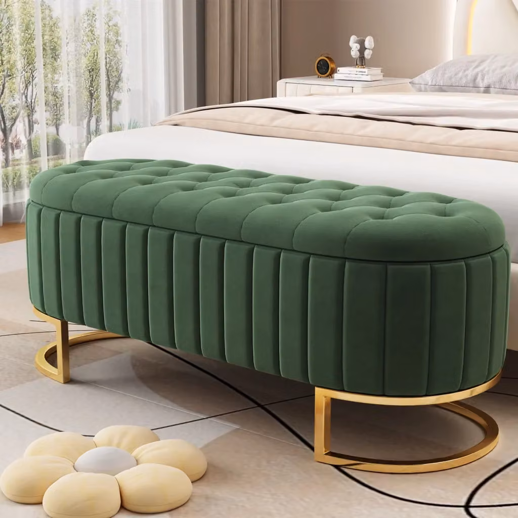 Panca contenitore multifunzione OKWISH in velluto verde con gambe in metallo per soggiorno e camera da letto – 2