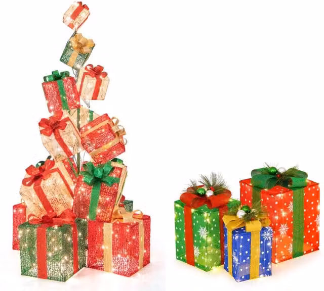 Torre di scatole regalo e 3 decorazioni scatola regalo di natale, Scatole regalo pre-illuminate impilate e set di scatole regalo illuminate