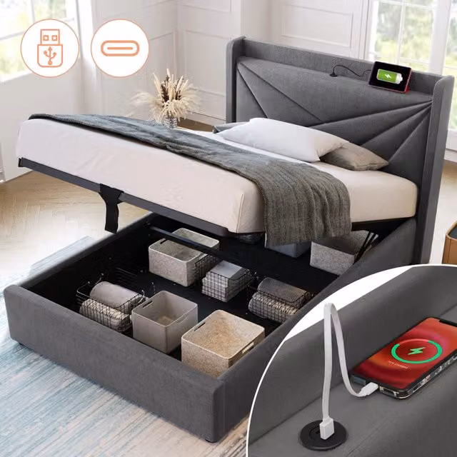 Letto singolo 90 × 200 cm 1 posto con vano contenitore, USB e Type-C, testiera imbottita, senza materasso, grigio
