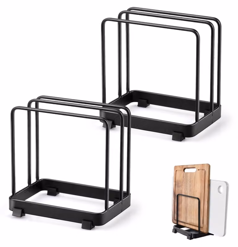 Set di 2 supporti per taglieri in metallo, neri, salvaspazio, organizer per la cucina