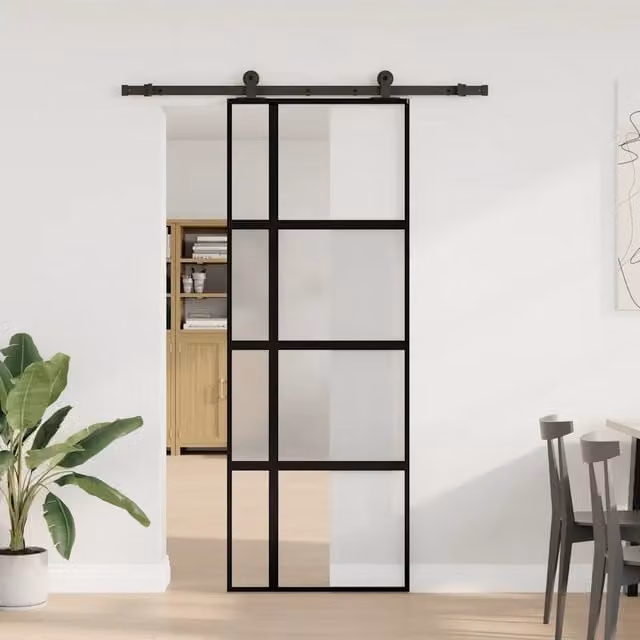 Porta Scorrevole vidaXL in Vetro Trasparente e Alluminio Nero, L: 76 cm, H: 205 cm