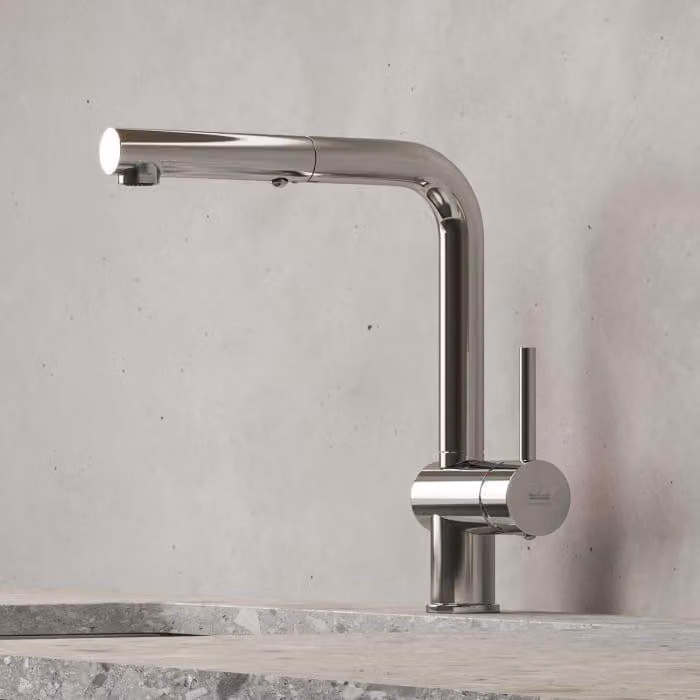 Miscelatore monocomando per cucina Kronenbach, modello Lima, con bocca mobile e doccetta estraibile con 2 tipi di getto