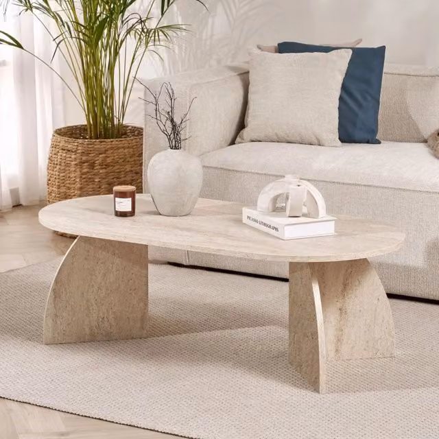 Nohaza, Tavolino da Salotto Ovale Moderno Bianco Marmo, L: 126 cm, P: 60 cm, H: 40 cm – 1