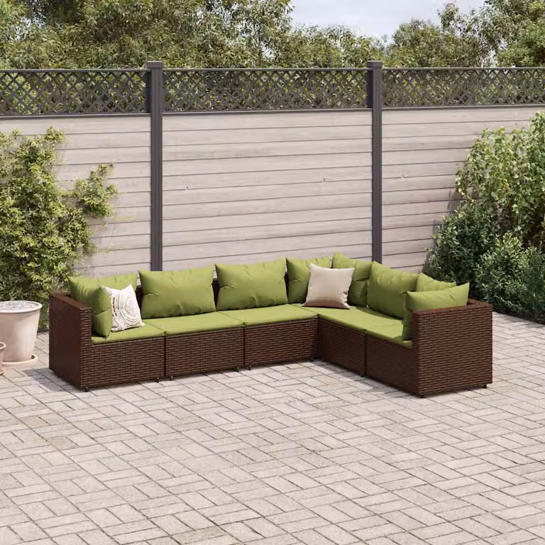 vidaXL Set di Mobili da Giardino a L con Cuscini in Polyrattan e Acciaio, 6 Posti, Marrone e Verde