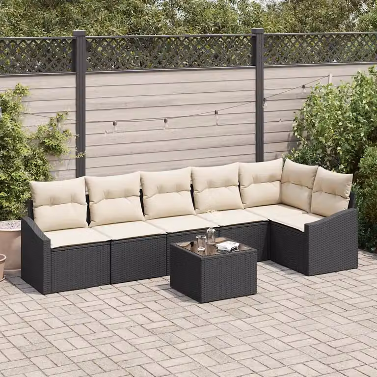 Set Divano da Giardino vidaXL 7 pz in Polyrattan Marrone e Beige con Cuscini e Tavolino