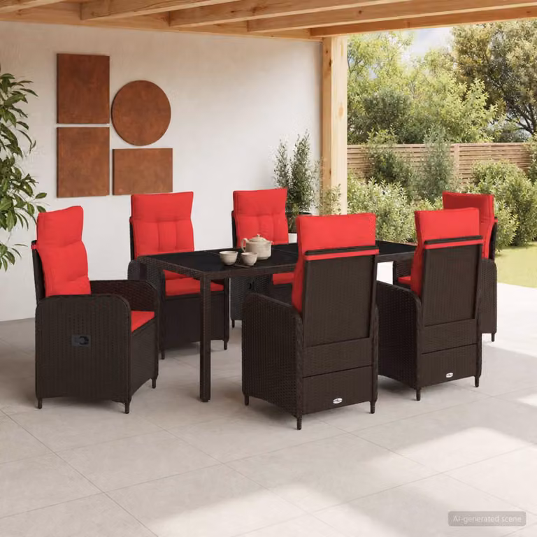 Set da pranzo per esterni vidaXL in polyrattan marrone con tavolo rettangolare in vetro, 7 pezzi