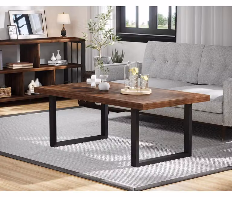 Tavolino rettangolare in legno di noce, 120 cm, stile industriale, con struttura in metallo