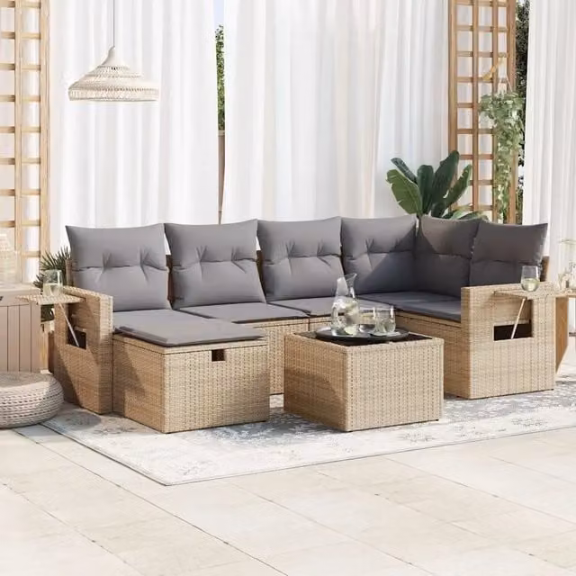 Set da giardino moderno vidaXL composto da 7 pezzi con divano angolare a L, poltrone, pouf e tavolino, colore beige e grigio con cuscini inclusi