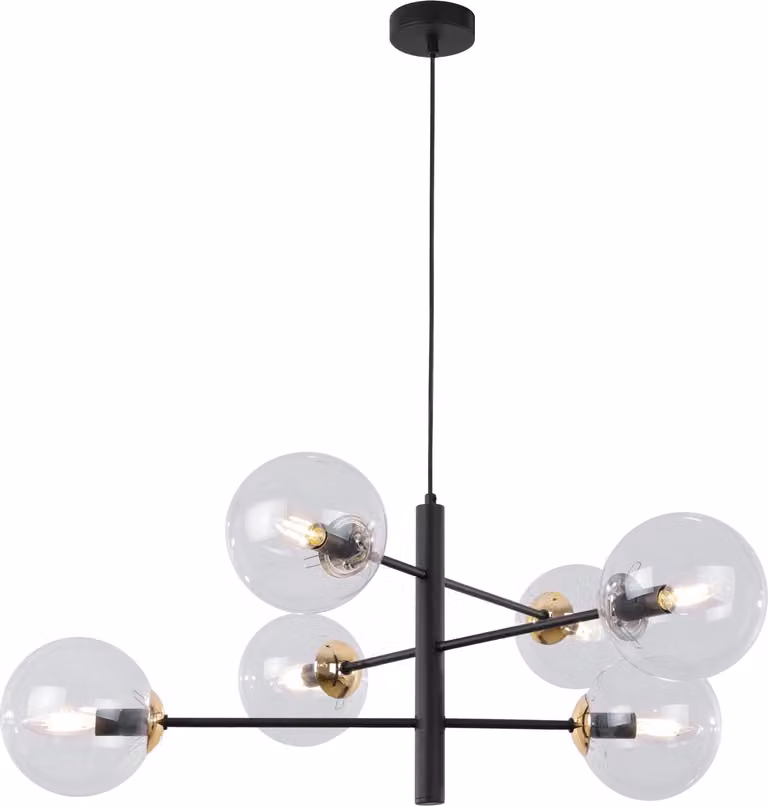 Lampada a sospensione Vicenza nero-oro a 6 luci con paralumi trasparenti E14