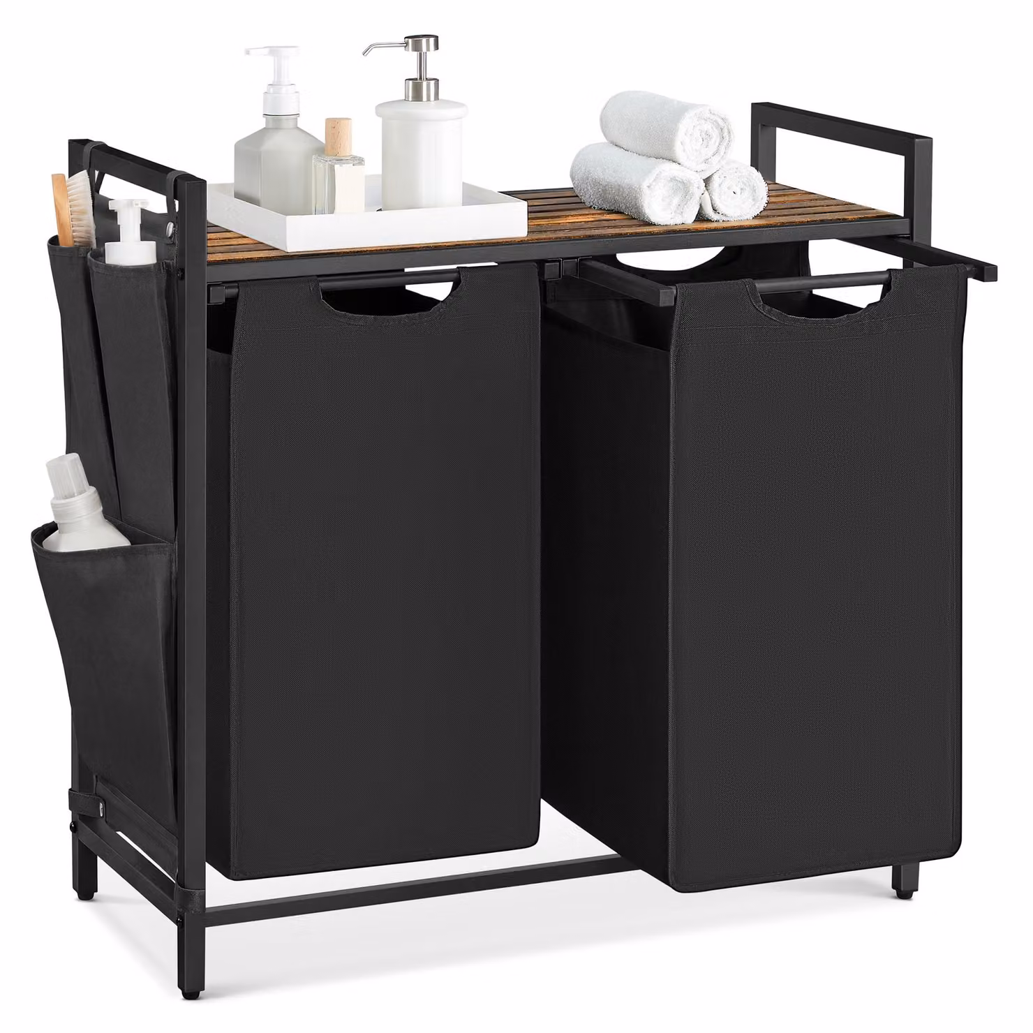 Cesto Portabiancheria con Piano Portaoggetti e Sacco Rimovibile, Nero Inchiostro + Marrone Vintage / 2 x 46 L