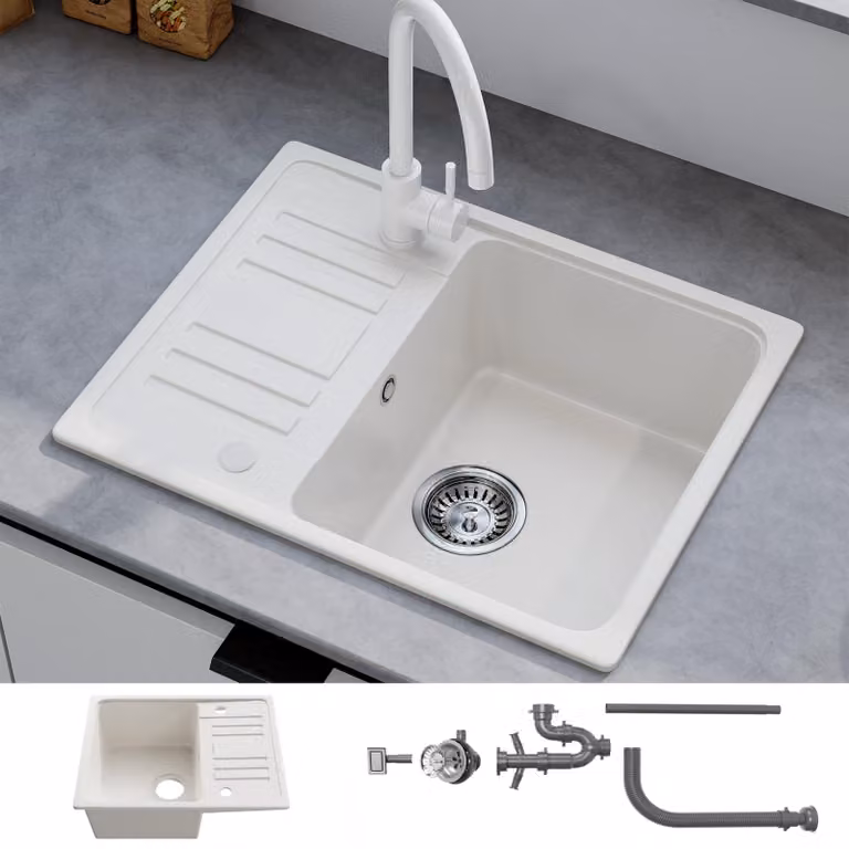 HOROW Lavello da cucina in granito bianco - Lavello da incasso a 1 vasca con installazione reversibile, lavello con scarico a sifone e troppopieno 57 x 45 cm