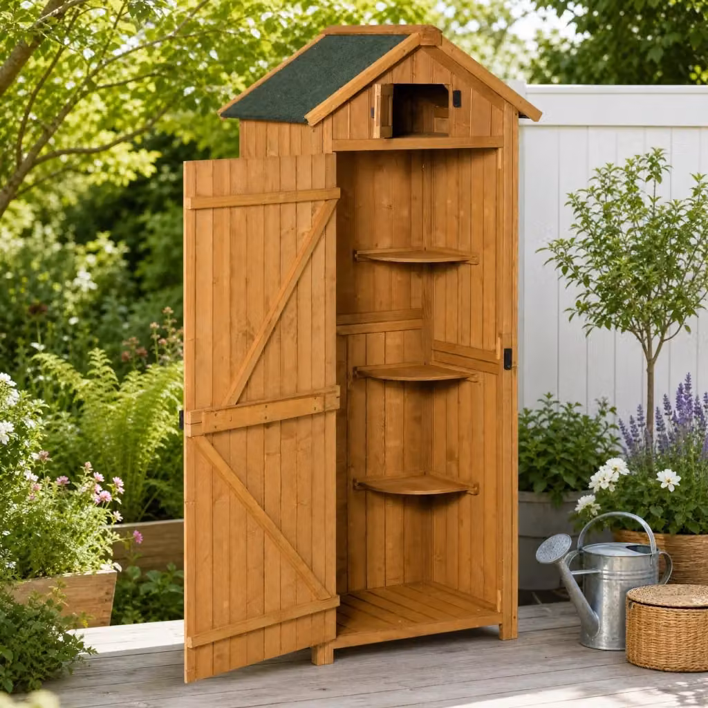Armadio da giardino REDOM in legno giallo e marrone con 3 ripiani, L 77 cm x P 54,2 cm x H 179 cm – 2