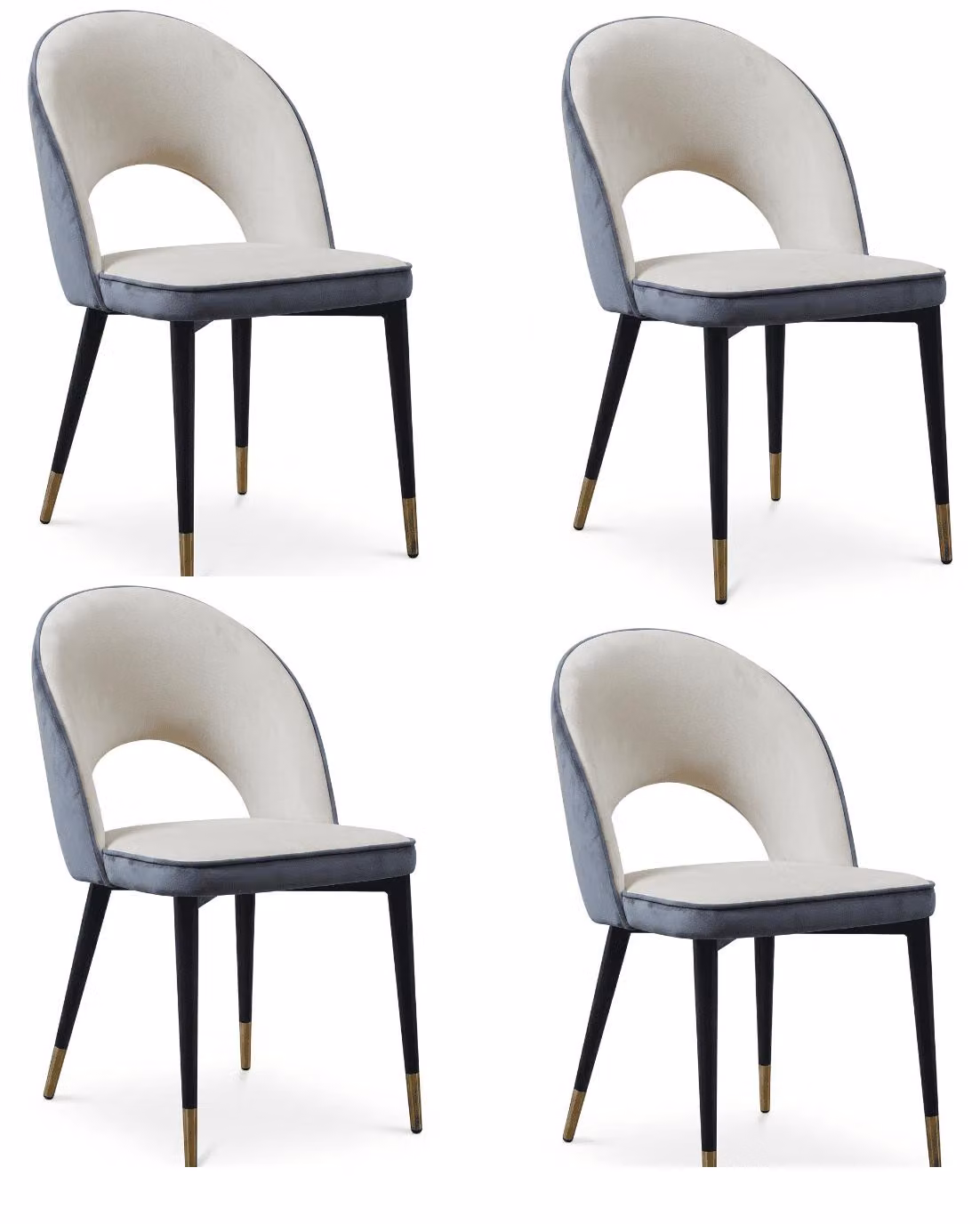 Set di 4 eleganti sedie da pranzo, colore grigio, rivestite in velluto, con gambe in metallo