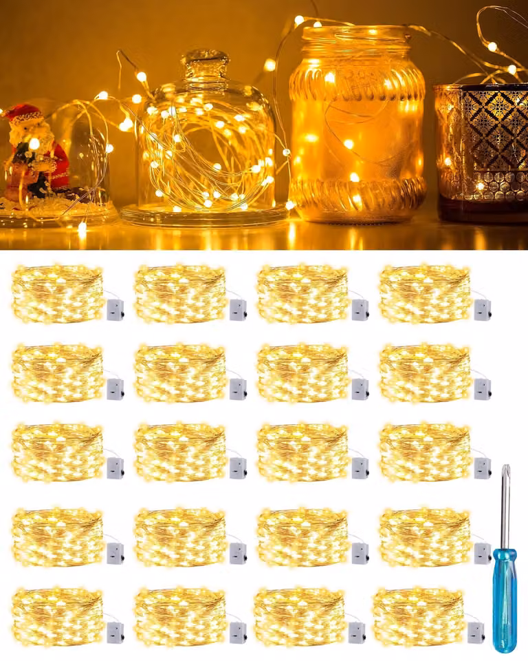 Confezione da 20 luci decorative a LED, alimentate a batteria, lunghezza 2 metri, 20 LED, luce bianco caldo