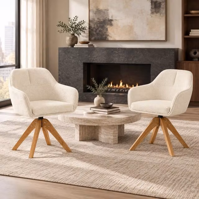 Set 2 sedie da pranzo girevoli 360° in tessuto beige con gambe in rovere massello HAVRYA